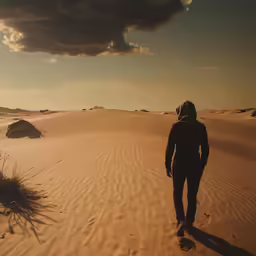 a person walking across the desert under a cloudy sky
