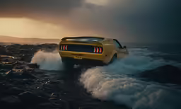 a yellow sports car in the water with the hood down