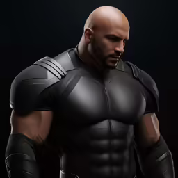 a man with a bald head and black leather armor