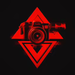 a red digital camera with a triangle shaped background