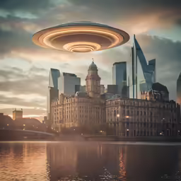 a large round object hovering over the city