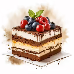 a piece of cake with icing and fruits on top