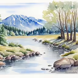 a painting of trees and mountains on a lake,a painting of watercolor mountains and rivers,a water color painting of mountains, trees and a river,a river runs past some trees in the mountains,a painting with a water scene that looks like it is done