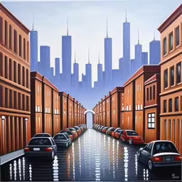 a painting of a road with some cars parked on it,a painting of a city with cars lined up along the side,a painting of many cars parked on a street,an image of car parking in the street,there are many cars that are parked in the street