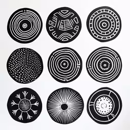 six different circular designs in black ink on white paper,a white and black print of many shapes