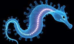 a sea dragon is blue and has many white circles