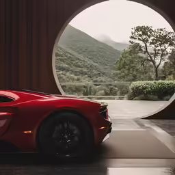 the red sports car parked in front of a round window