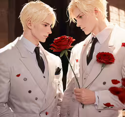 two people in white suits holding onto a red rose,two young men wearing white suits and one with blonde hair and wearing a black tie
