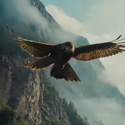 a bird flying low in the sky above the mountains