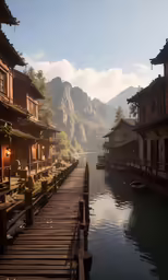 the water is reflecting houses next to mountains