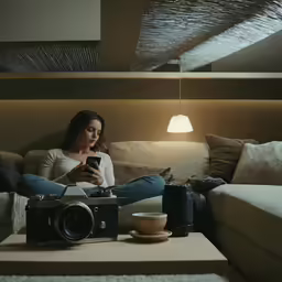 woman sitting on couch holding camera looking at phone