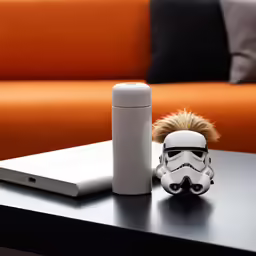 thermos and the computer are sitting on the table