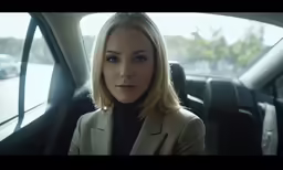 a woman in a suit is looking off to the side