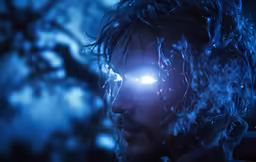 man in the rain with head lamp glowing