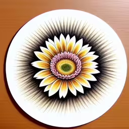 the plate has a bright flower painted on it,a plate painted with a sunflower in the center on a table,a ceramic dish with an artistically painted flower,an artisticly painted white and yellow flower on a plate,a white plate with a yellow flower with an odd center on top
