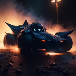 a batmobile car with light on and headlights on