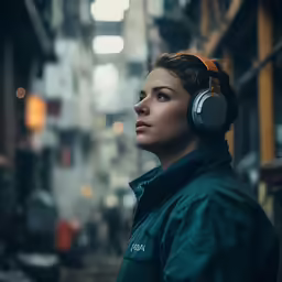 a woman standing in an alleyway wearing headphones