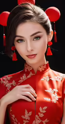 a woman in an oriental dress with red flowers