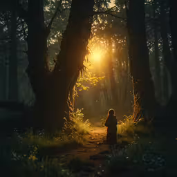 person standing in the middle of a forest in front of a light