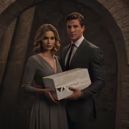 a man holding a box next to a woman