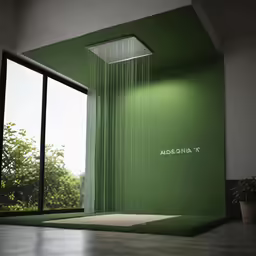 green and white bathroom with the shower head flowing