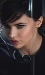 a woman in black is looking to her right