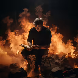 the man is sitting on a chair reading a book