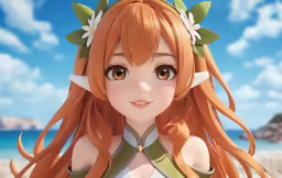 an anime woman standing on a beach with orange hair