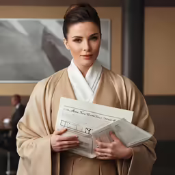a woman in traditional dress is holding some documents