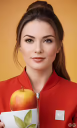 there is a young woman holding an apple