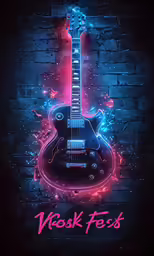 a neon guitar in front of a brick wall