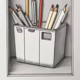 pencils and markers are sitting in a white storage container