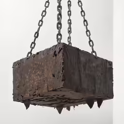 a square wood box suspended from chain, with chain on the bottom