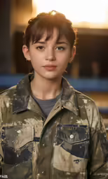 a female soldier wearing a dirty uniform and posing for the camera