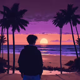 a person on the beach looking at the sunset,there is a man standing on the beach watching the sun go down