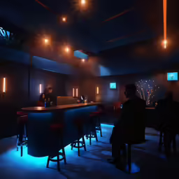 people are sitting at a bar in the middle of a room