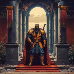 a man dressed as a demon with two swords on his back
