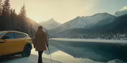 a person on skis is standing next to an suv and mountains