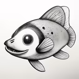a black and white drawing of a fish with googly eyes