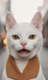 the white cat is wearing a tie and posing for a picture