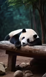 a panda bear sitting on top of a bench