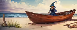 a painting of an wizard in a boat on a beach,an image of a person in the boat