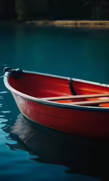 a red boat sits in the water next to the shore