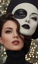 a woman wearing a black and white mask