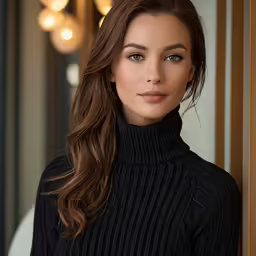 a woman wearing black with her hair flowing back