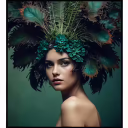 a young lady is in a green head piece