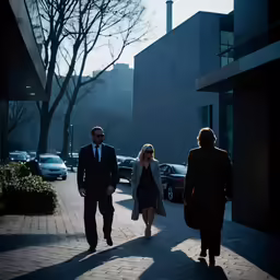 a group of people walking down a sidewalk near a parking lot