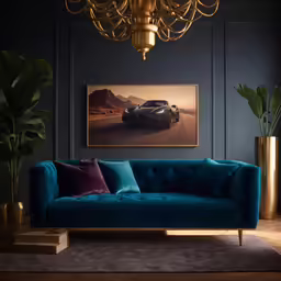 a blue couch in the middle of a room