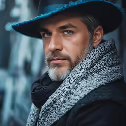 a man with gray hair wearing a blue hat