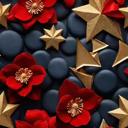 a number of stars on a bed of rocks with flowers